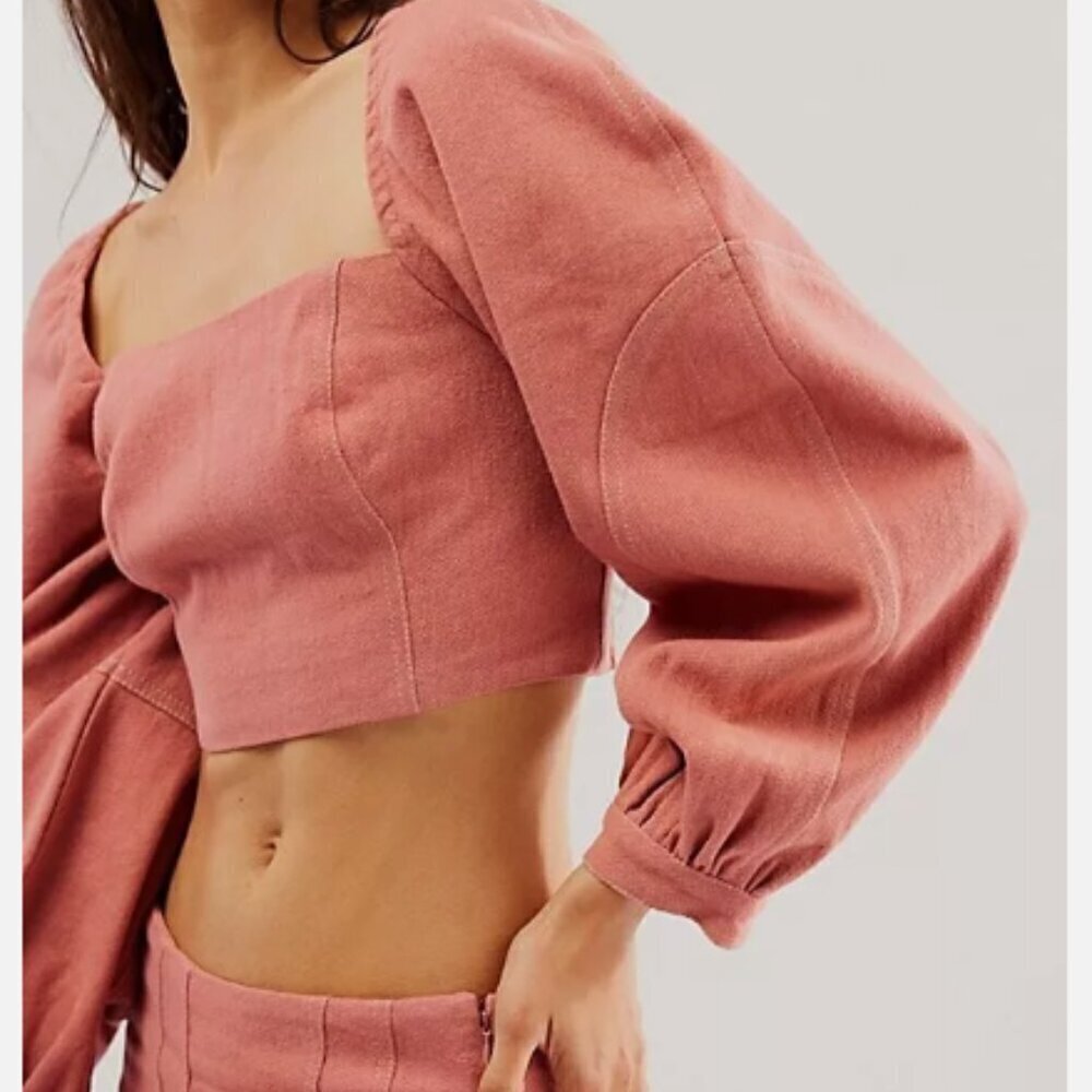Free People Marley Denim Balloon Sleeve Smocked Crop Top, Rose Smoke, Size 4